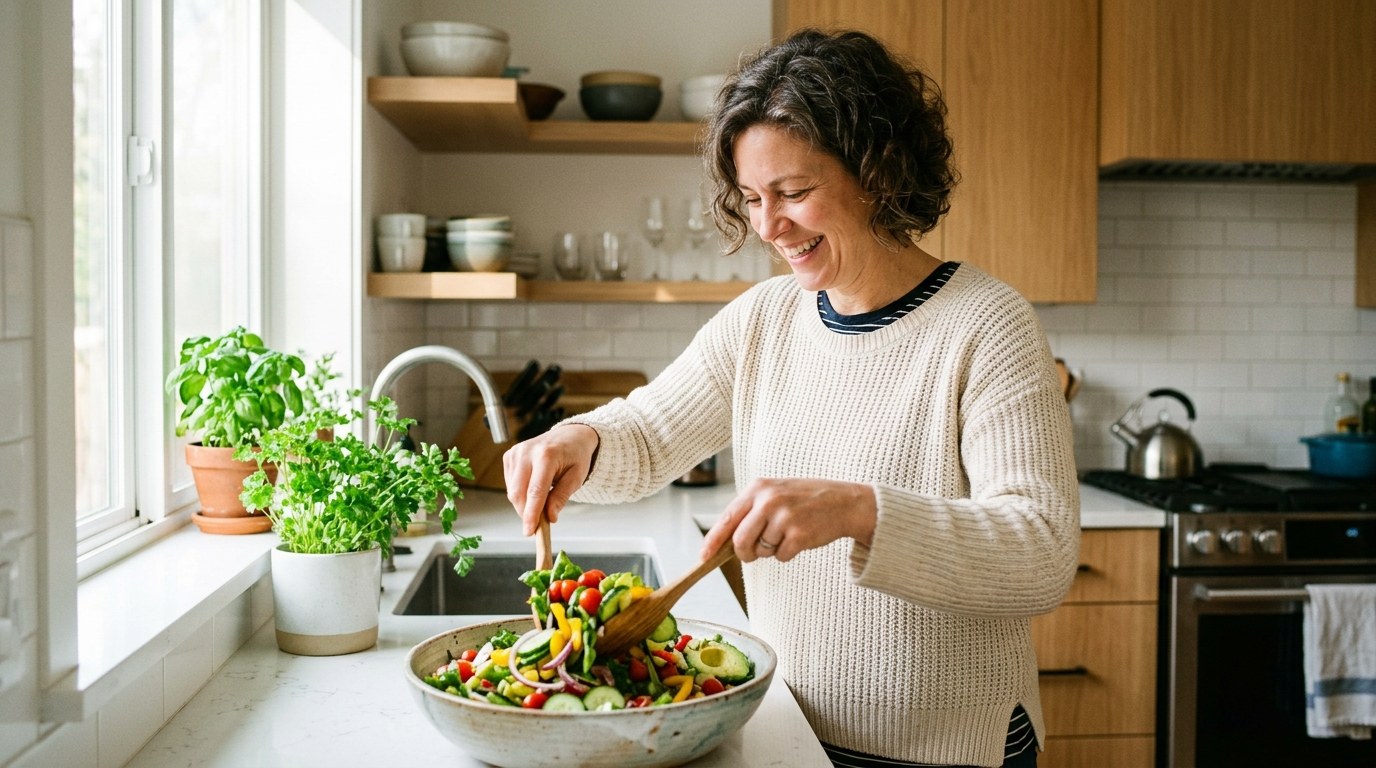 Woman in her late 40s preparing a fresh, colorful salad in a bright kitchen