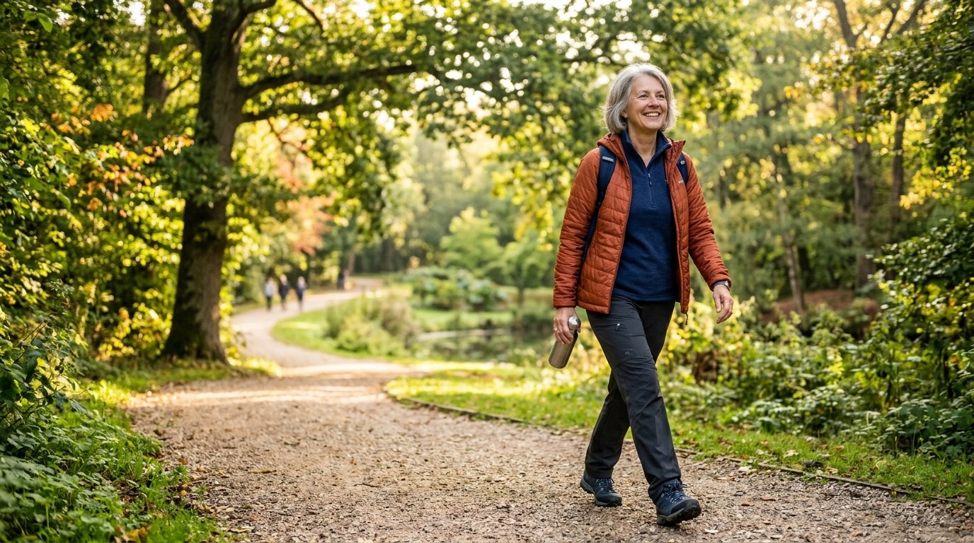 Mature woman enjoying a comfortable morning walk through a sun-lit park path