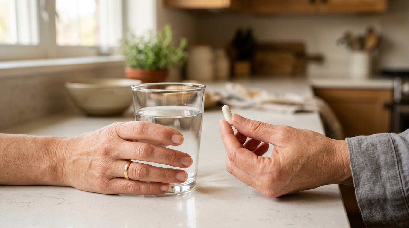 Adult taking a supplement capsule with a glass of water