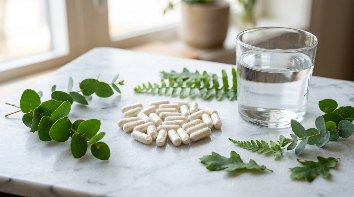 Clear supplement capsules on a marble surface with a glass of water