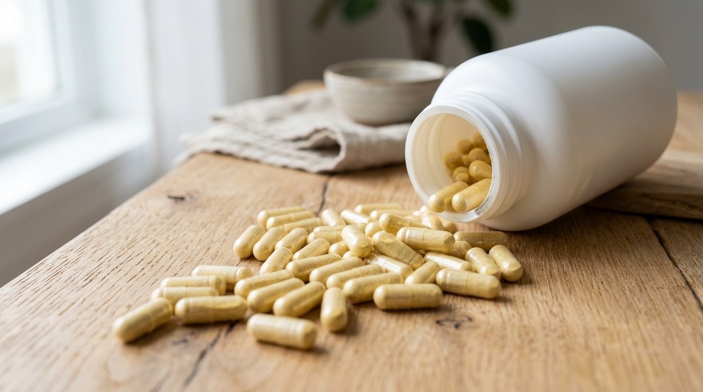 Supplement capsules from a white bottle, clean minimal photography